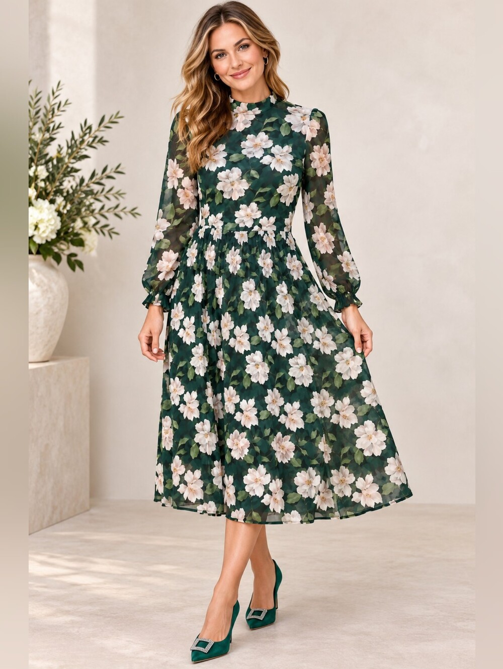 Draper James Floral Mockneck Pleated Midi Dress